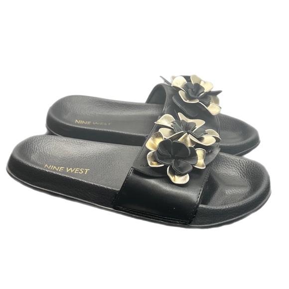 Nine West Putian Black & Gold Flower Youth Kids Slides Slip On Sandals Size 2 - Picture 2 of 4